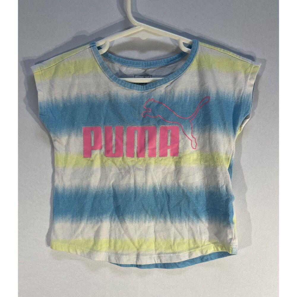 Puma Kids 2T Graphic T-Shirt Blue & Yellow Striped Tie Dye Cap Sleeve